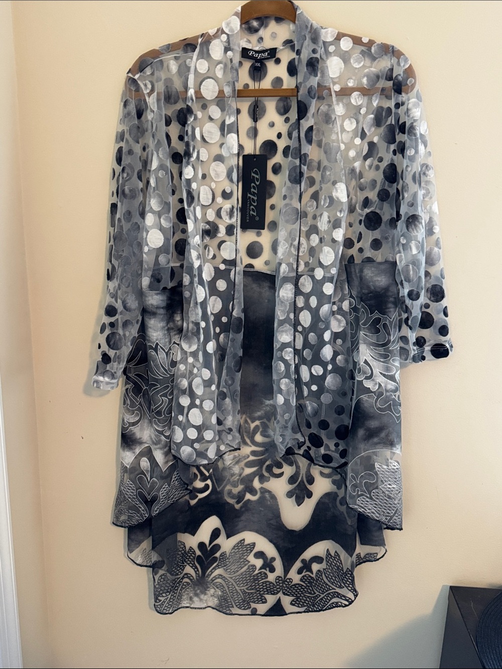 Papa Sheer Polka Dot Layered Kimono Cardigan - Black & White